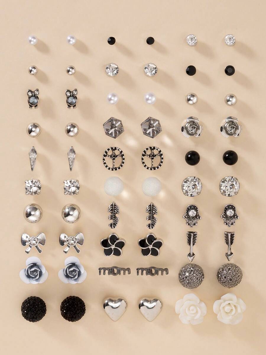 30对/套 金属仿珍珠耳钉，简约可爱时尚，心形、水滴形、蝴蝶形、水钻形、花朵形、太阳形设计，款式多样，适合日常佩戴，女士礼物