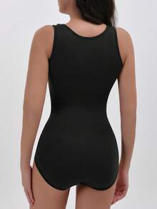 Women's Sports Shapewear Jumpsuit Set, Button Closure, Abdomen & Waist Shaping, Body Sculpting Activewear - Black - View 3