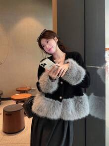 2026 Women's Spring Plush Patchwork Long Sleeve Jacket, Thick Faux Mink Fur Round Neck Cardigan - Dark Blue - View 4