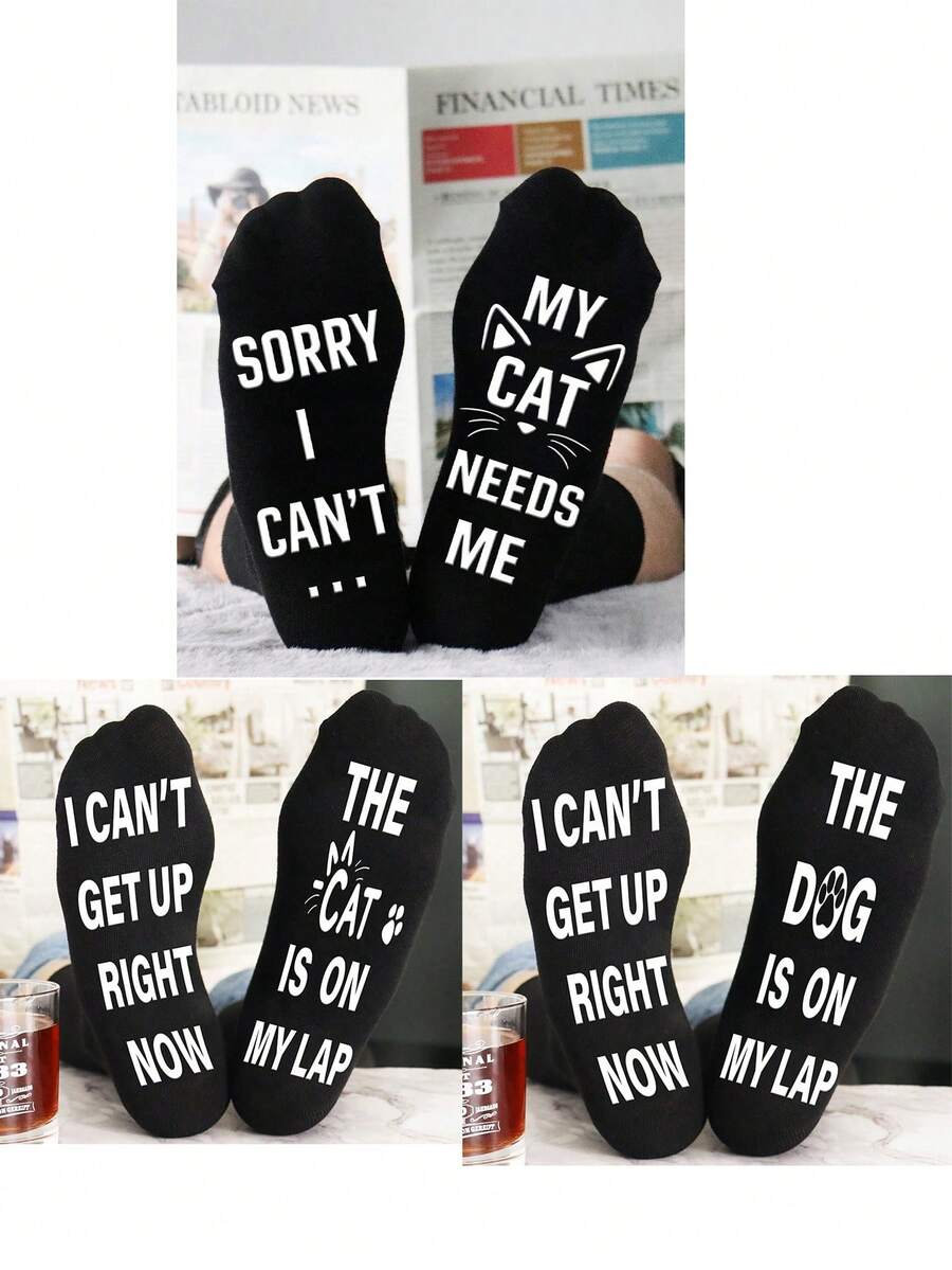 1Pair Cute Animal Socks Love Cats And Dogs Men's Black Mid-Calf Socks With Lettering And Glue Dots,Funny Gifts For Men/Teenagers On Christmas/Father's Day/Birthday - Multicolor - View 1