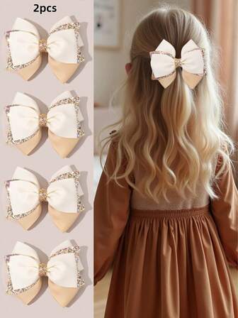 2个米色亮片蝴蝶结发夹，适合女孩，粉彩色蝴蝶结发夹，金色闪亮亮片棕色罗缎丝带蝴蝶结发卡，休闲日常蝴蝶结发夹，秋冬季头饰，青少年发饰