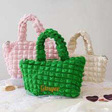 Personalized Embroidered Name Tote Bag, Custom Pleated Waffle Plaid Travel Vacation Bag, Birthday Gift, Bridal Shower Gift, Christmas Gift (Women's) - Multicolor - View 2