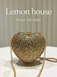 1pc Glamorous Shiny Golden Heart Shaped Rhinestone Embellished Mini Clutch Bag, Cute Glitter Heart Purse, Suitable For Evening Party, Wedding, Celebration, Gift For Women - Gold - View 2