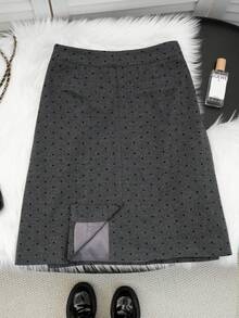 直筒修身波尔卡圆点裙，女式开叉下摆修身羊毛裙 - 灰色 - 查看 6
