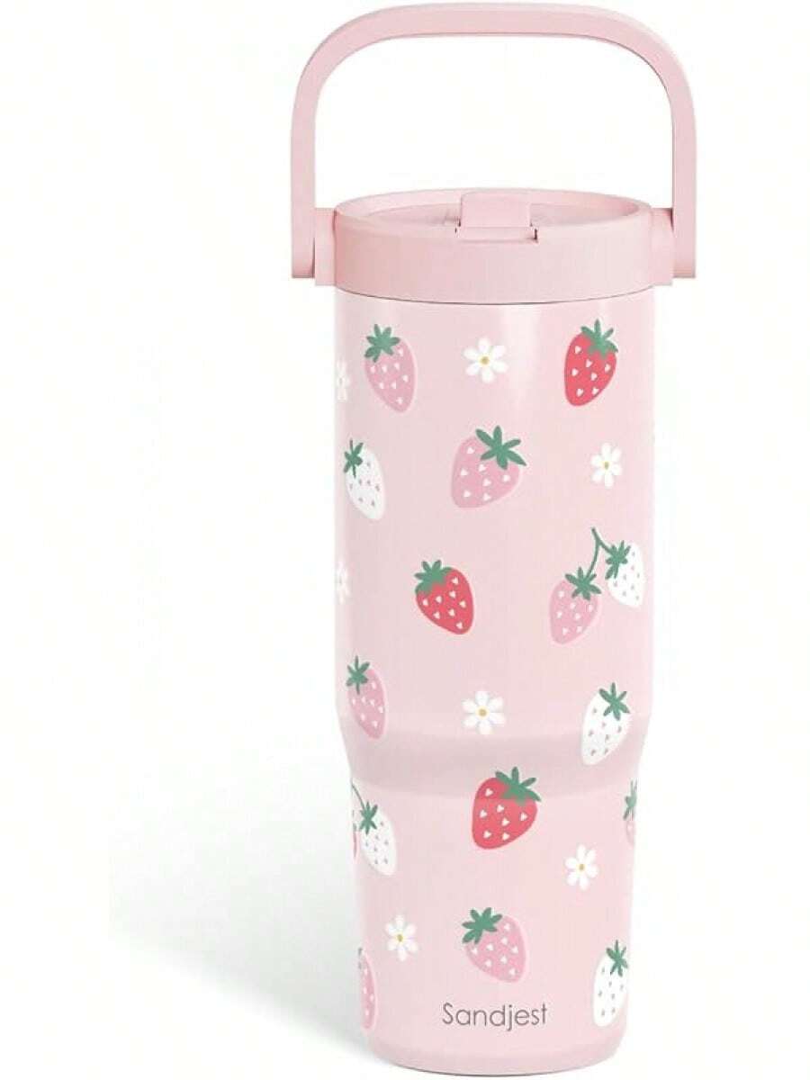 Pink Bow Stainless Steel Straw Lid Tumbler 30oz With Carry Handle For Women Girls, Insulated Travel Coffee Cup, Gift For Sports Outdoor Workout Christmas Birthday - Strawberry - 查看 1