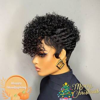 Chic Curly Pixie Cut Wig With Bangs Real Human Hair Short Curly Wave Wig, Black Color, Black Burgundy 99J Color, Rose Net Cap Breathable, Perfect For Thanksgiving Day,Christmas, Daily Use, Natural Hair Texture, Stylish Haircut|Curly Hair Texture|Human Hair Wig,Throw On And Go Wig