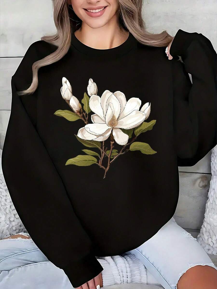 Flower22 Women's White Magnolia Print Sweatshirt - Soft Beige And Green Long Sleeve Crew Neck Sweater, Suitable For All Seasons Casual To Weekend Wear, Machine Washable Magnolia Bud Design Top - màu đen - Xem 1