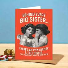 Sister-Themed Adult Humorous Card - "Crazier Little Sister Behind Big Sis" Retro Greeting (With Envelope) - Multicolor - View 5