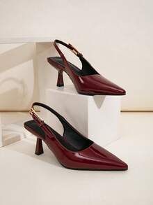 Szerokie, błyszczące, bordowe, metaliczne, zdobione klamrą z tyłu, szpilki, uniwersalne, do noszenia na co dzień, na bankiety, imprezy, modne, damskie w dużych rozmiarach, bordowe obcasy - Burgund - Zobacz 14