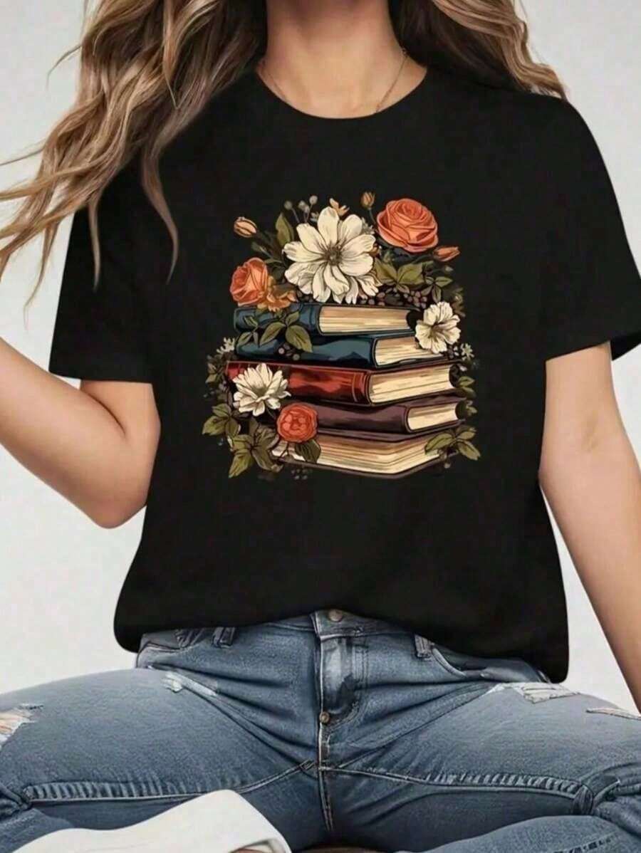 Women's Printed Blouse With Books And Flowers, 100% Cotton Shirt, Casual Spring/Summer T-Shirt With Flowers - 黑色 - 查看 1