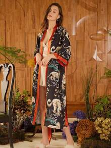 Oversized Retro Midi Length Elegant Fashion Printed Kimono Cover Up Outerwear, Suitable For Summer Beach Vacation, Tie-Waist Robe, Coverup, Lightweight Jacket