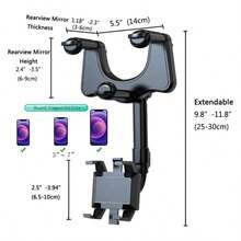 360° Rotatable And Retractable Car Phone Holder, Multifunctional Adjustable Mount, Universal Rearview Mirror Phone Holder For All Mobile Phones,Secure Grip For Navigation While Driving, Stylish Accessory,Flexible Positioning,Christmas - 黑色 - 查看 2