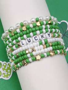 22/23/34Pcs St. Patrick's Day Shamrock Bracelet Set - Stackable Green Lucky Beaded Wristbands With Golden Accents, Festive Irish Festival Jewelry, Ideal Daily Wear & Gift - Multicolor - View 3