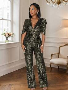 魅力四射的女士派对亮片连体裤，半袖裹身设计，阔腿长款剪裁 - 黑金色 - 查看 1
