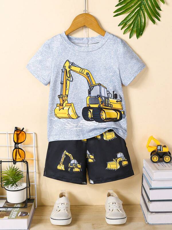 2pcs/Set Toddler Boys' Excavator & Number Print Short Sleeve T-Shirt + Shorts, Comfortable Casual Outfit Suitable For Daily & Outdoor Wear, Perfect Choice