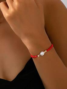 Pulseira feminina elegante com pérolas artificiais, ajustável e versátil, ideal para presente. - Pérola de milho vermelha - Ver 5