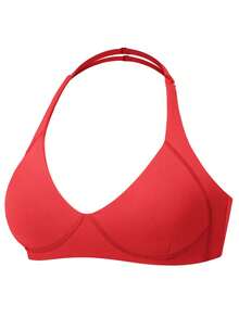 YEOREO Women Halter Sports Bra Light Support V Neck Padded Strappy Open Back Workout Gym Tops Y2K - Chili Red - View 5