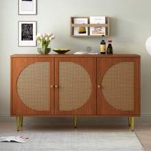 Sideboard With 3 Rattan Verzierten Türen Kommode Highboard Mit Metallgriffe, Für Schlafzimmer & Wohnräume & Büro, Nussbaum 129.8x 40x 76cm - 紅木色 - 查看 5