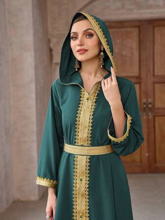 Vestido árabe verde de manga larga con capucha y parches de cinta para mujer, de uso diario