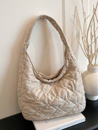 Rhombus Embroidery Cotton Tote Bag, Korean Style Commuter Shoulder Bag For Women, Large Capacity, Minimalist Underarm Bag, Suitable For Shopping, Wallet, Shopping, Young Women, College Students, Newlyweds, White-Collar. Ideal For Office, University, Work, Business, Commuting, Outdoor Activities, Travel And Picnics