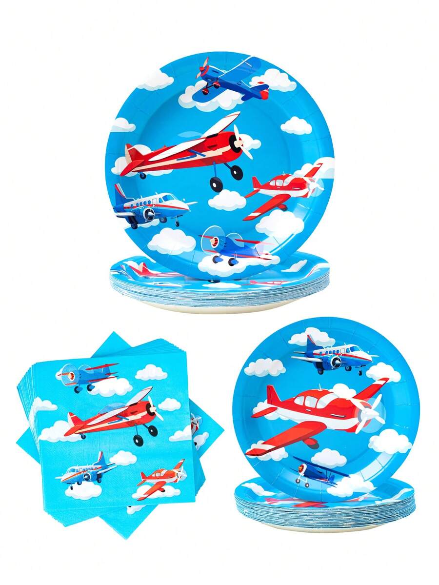 Conjunto de 1 prato e guardanapo descartáveis com estampa de avião azul, ideal para festas, serve até 8 pessoas. Pratos de papel descartáveis perfeitos para aniversários, casamentos, festas temáticas e piqueniques em família. - Multicolorido - Ver 1