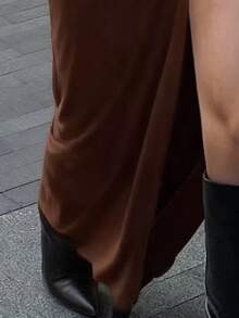 EARO 女士春夏性感高开衩褶皱紧身连衣裙，高领长袖休闲派对连衣裙，优雅 - 咖啡棕 - 查看 6