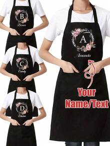 1 pieza Delantal de cocina personalizado con monograma de letra A-Z en negro, delantal moderno de poliéster a prueba de aceite para jardín, restaurante y tareas del hogar, chef - Multicolor - Ver 1