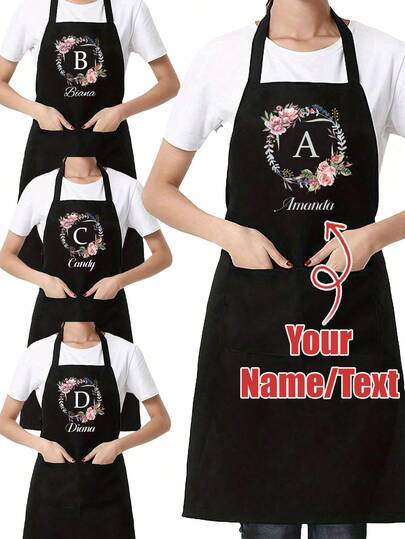 1pc Customized Name Monogram Letter A-Z Black Kitchen Cooking Apron, Modern Polyester Oil-Proof Apron, Black Kitchen Apron, Polyester Apron For Garden, Kitchen And Housework Perfect For Home, Restaurant, And Kitchen Cooking