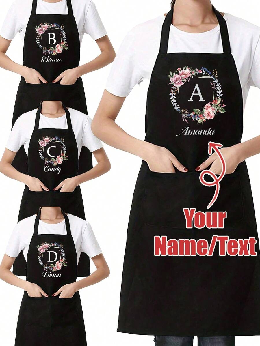 1 pieza Delantal de cocina personalizado con monograma de letra A-Z en negro, delantal moderno de poliéster a prueba de aceite para jardín, restaurante y tareas del hogar, chef - Multicolor - Ver 1