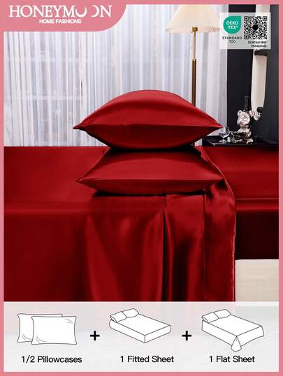 3/4件套床上用品：1件缎面床笠 + 1件缎面床单 + 1/2件缎面枕套，柔软透气，抗皱，提升睡眠质量，奢华酒店风格，9.84英寸/25厘米深口袋，可机洗，适用于所有床型 - 单人床、双人床、大号床、特大号床，通过Oeko-Tex认证，红色