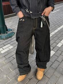 Men's New Fashion Pocket Embroidery Fish Scale Pattern Loose Casual Washed Denim Jeans, Versatile For All Seasons - Black - View 2