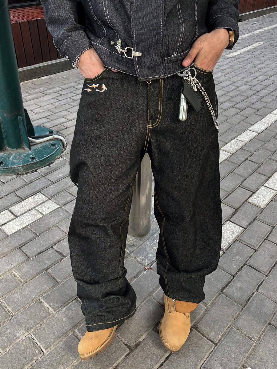 Men's New Fashion Pocket Embroidery Fish Scale Pattern Loose Casual Washed Denim Jeans, Versatile For All Seasons - Black - View 1