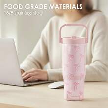 Pink Bow Stainless Steel Straw Lid Tumbler 30oz With Carry Handle For Women Girls, Insulated Travel Coffee Cup, Gift For Sports Outdoor Workout Christmas Birthday - 弓 2 - 查看 6