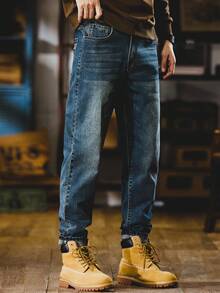 Distressed Dark Denim Jeans Long-Length Washed Workwear Pants Gift For Husband/Boyfriend Men's Jeans Office/Outings/Work/Vacation/Urban/Garbage Rock Style Christmas Gifts For My Husband & Father Vaqueros Para Hombre - (30L) Navy Comfort Stretch Fabric - 查看 2