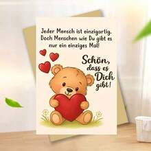 "Jeder Mensch Ist Einzigartig" German Adult Card - Teddy Bear & Heart Affectionate Design (Includes Envelope) - Multicolor - View 14