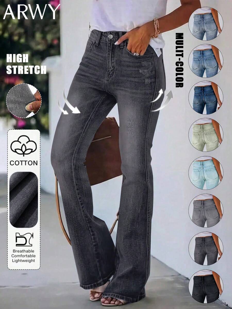 ARWY Faded American Slim Fit Fashionable Versatile Bootcut Jeans For Women, Elegant Bohemian Everyday, Night Out, Vacation, Suitable For Halloween, Easter, All Seasons - Dark Grey - View 1