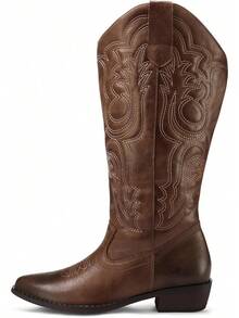 Mysoft Women's Wide Calf Cowboy Boots Pull On Cowgirl Embroidered Mid Calf Pointed Toe Chunky Heel Western BootsChristmas - 紅色 - 查看 6