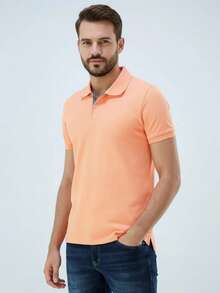 Ogochi Men's Basic Plain Polo Shirt With Logo, No Pocket, Original - Orange - View 2