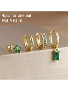 4 件套单侧耳朵 18K 镀金精致方晶锆石不锈钢耳钉和铜圈耳环，防过敏可叠戴耳环，以及适合女士和女孩的可爱耳环套装