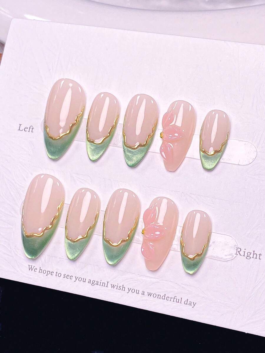 10 móng giả ngắn thủ công, kiểu Pháp, màu đỏ, xanh lá cây, đen, mắt mèo, vàng, móng dễ thương, họa tiết hoa 3D tròn thủ công và đầu móng kiểu Pháp sọc vàng bất đối xứng, trang trí bằng hạt vàng, kèm bộ dụng cụ làm móng, phù hợp cho phụ nữ và bé gái. - Màu xanh Bạc hà - Xem 1