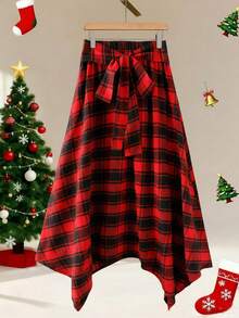 2025 Autumn/Winter Christmas Plaid Asymmetrical/Irregular Belt Midi Skirt