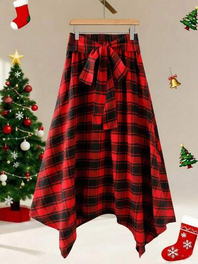 2025 Autumn/Winter Christmas Plaid Asymmetrical/Irregular Belt Midi Skirt