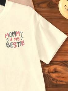 Camiseta casual de manga corta con cuello redondo y estampado de eslogan para niña - Albaricoque - Ver 5