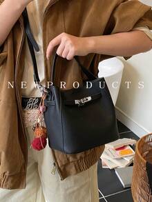 1pc FEISTURE Litchi Texture Minimalist Elegant Women's Handbag, Fashion Shoulder Crossbody Bag (With Small Pouch), Free Accessory Charm For Store Followers, Suitable For Daily Outing, Dating, Commuting - Black - View 5