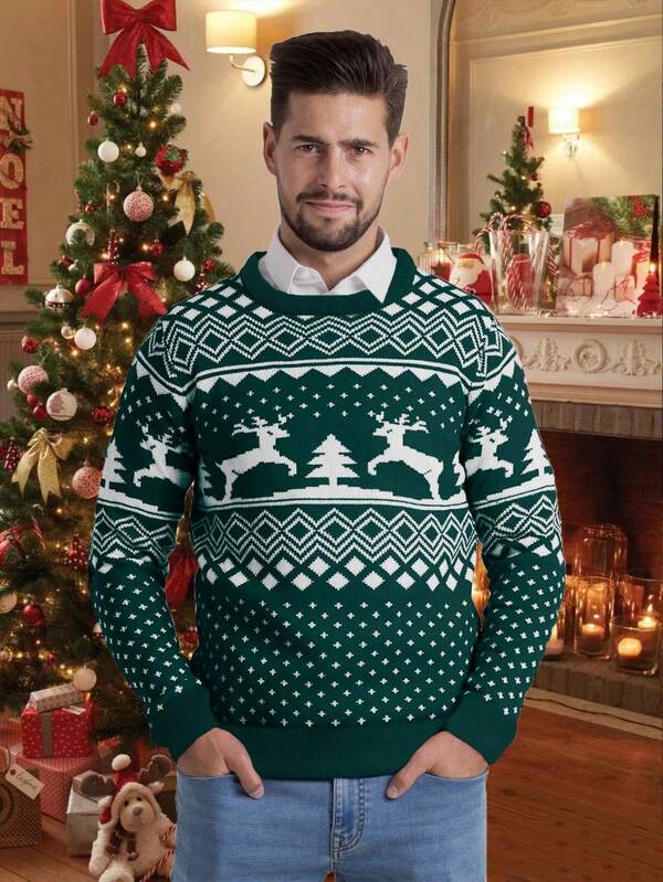 NITAGUT Men's Casual Geometric Deer Pattern Knitted Sweater, Long Sleeve Top