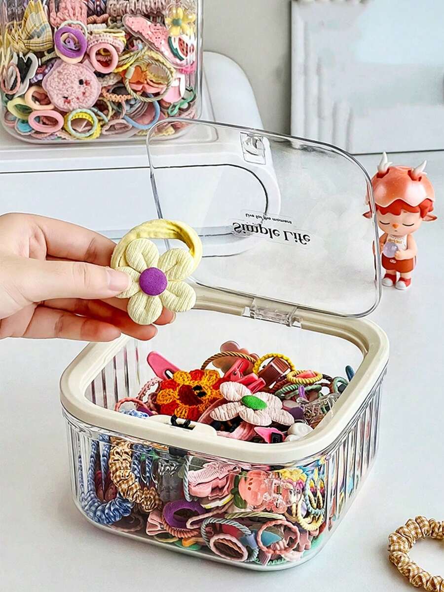 Covered Hair Accessory Storage Box, Press-Style Hair Tie Desktop ...