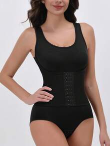 Women's Sports Shapewear Jumpsuit Set, Button Closure, Abdomen & Waist Shaping, Body Sculpting Activewear - Black - View 2