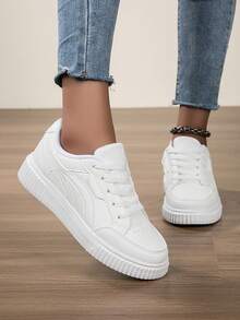 女士纯色低帮条纹系带休闲运动鞋，时尚舒适透气滑板鞋，户外步行跑步鞋 - 白色 - 查看 8