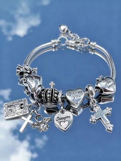 1pc Y2K Charm Bracelet, 1pc Cross Charm Bracelet, Retro Streetwear Fashion Bracelet, 1pc Cross & Heart Charm Bracelet, Glow-In-The-Dark Bracelet