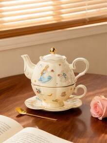 Juego de té: Taza + Platillo + Tetera + Cuchara. Exquisita tetera y taza de café de cerámica con diseño de Alicia en el País de las Maravillas y plantas, chapadas en oro. Juego de té minimalista inglés para la tarde. Juego de taza y tetera estilo palacio. Taza y platillo para té y café de la tarde. Taza de té para el hogar.